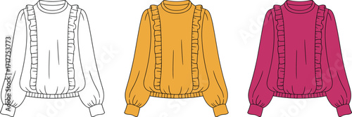 Fashion blouse technical sketch, puff sleeve garment drawing, ruffle detail flat illustration, trendy women's top design, cad template vector