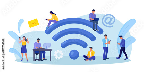 People working with portable devices near big wifi sign in free internet zone. Public free wi-fi hotspot, wireless connection. Characters surfing internet. Technology globalization and reachability