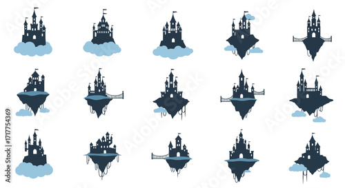 A diverse collection of fantasy floating castle silhouettes.