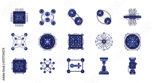 abstract technology icons, futuristic circuit designs, digital network symbols.