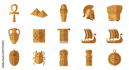 Ancient Civilization Artifacts and Symbols Icon Set.
