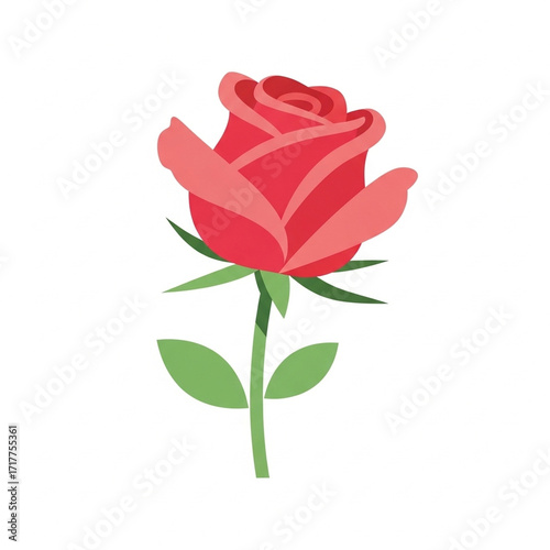 Single red rose with green leaves and stem.