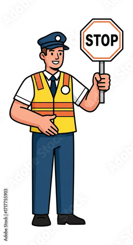 Friendly cartoon police officer holding a stop sign.