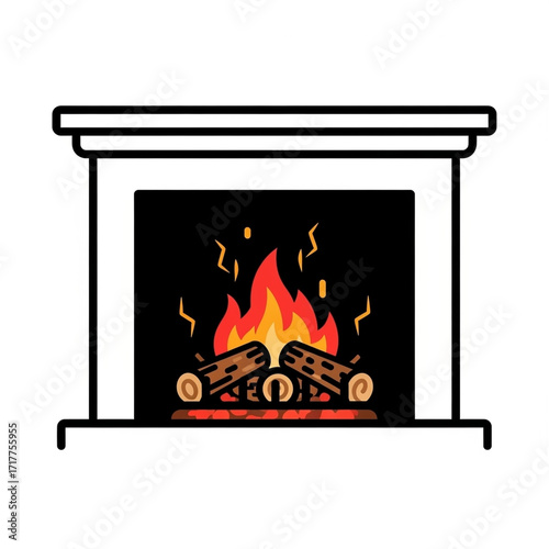 Line art drawing of a fireplace with fire and logs.