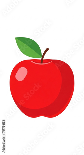 A single, red apple with a green leaf.