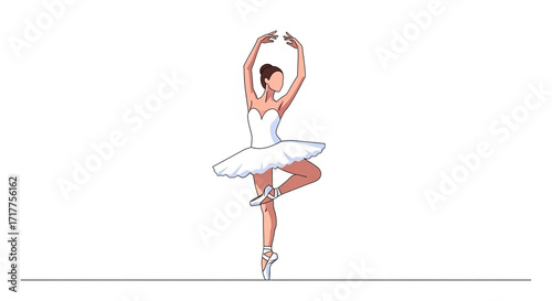 A ballerina in a white tutu gracefully balances on one leg, arms elegantly raised overhead.
