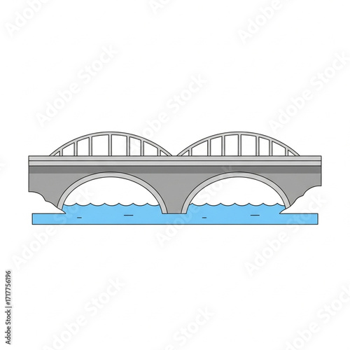 A double-arch bridge spans a calm river.