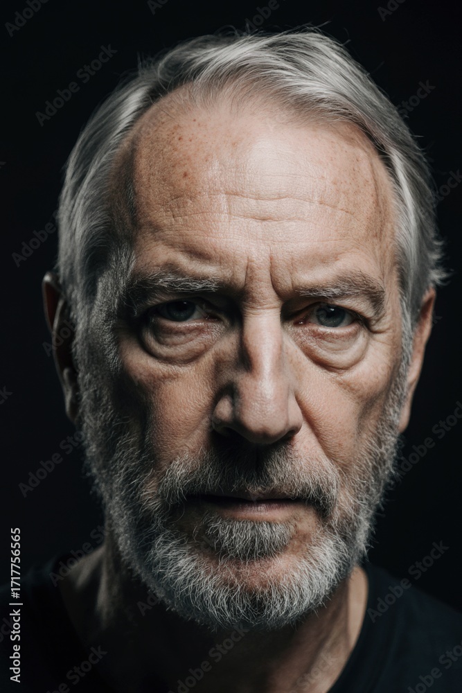 Obraz premium portrait of an older man with silver hair and short beard, dramatic Rembrandt lighting on deep black background, ultra-detailed texture