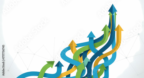 Dynamic visual of multiple intertwined colorful arrows symbolizing business growth, strategic pathways, and successful forward momentum for progress and achievement in the modern market