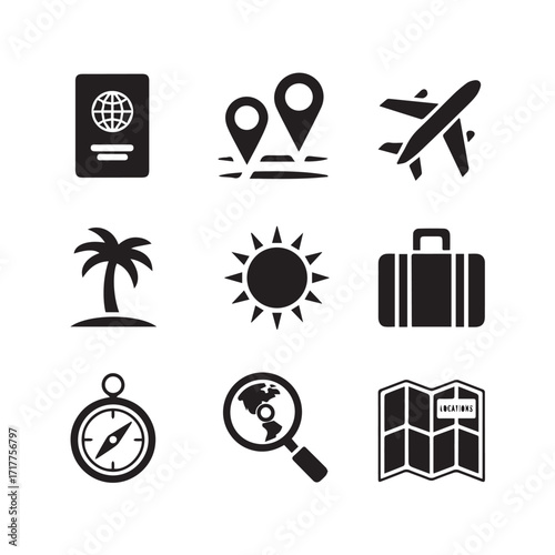 A set of 9 black and white travel and navigation icons arranged in a 3x3 grid on a white background. Editable stroke.