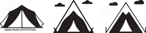 Collection of simple black and white tent icons representing camping and outdoor adventure
