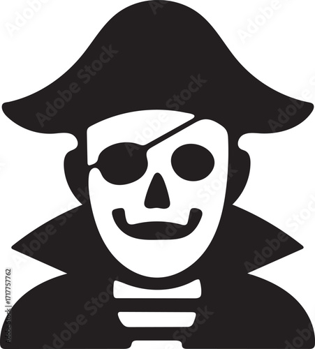 Stylized silhouette of a pirate with an eye patch and hat