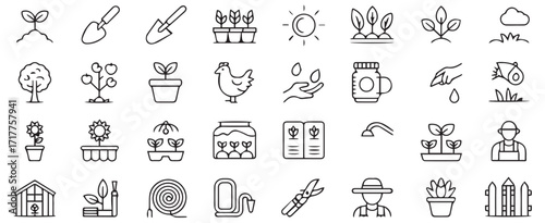 Agriculture and gardening,  line icon set. Including grow your own food, watering can, greenhouse, seedling, sprout, farmer, pollination, fertilizer and more others. Editable stroke.