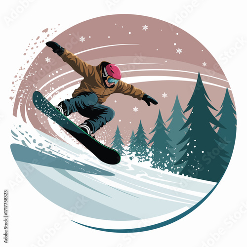 Stylized illustration of an extreme snowboarder in action, perfect for winter adventure and sports designs