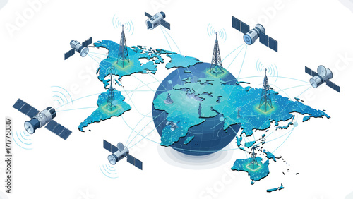 Satellites orbiting earth provide global communication network, connecting continents with wireless signals in a technological age.