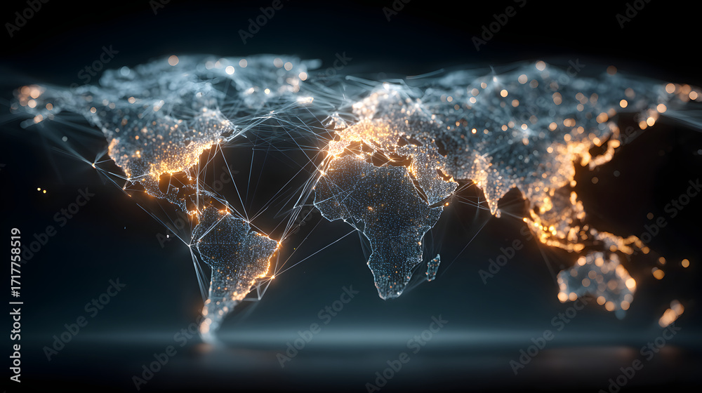 Fototapeta premium World interactive map displaying global network of users. Futuristic technology transformation. Banner.