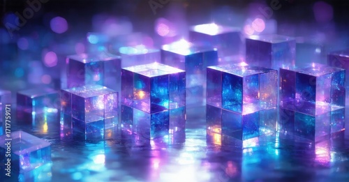 Wallpaper Mural Glowing cubes illuminate dark surface. Purple, blue light creates abstract digital scene. Reflections shimmer, adding depth. Torontodigital.ca