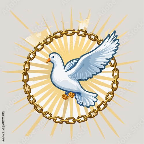 A Dove of Peace Tied with Chains in a Sunburst