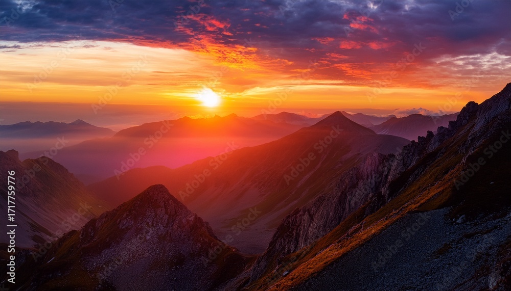 Naklejka premium Dramatic Mountain Landscape At Fiery Sunset