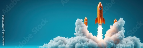 Three orange rockets launch through clouds against a blue background, illustrating the excitement of space exploration and technology.