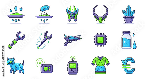 Collection of Futuristic Sci-Fi Icons and Objects.