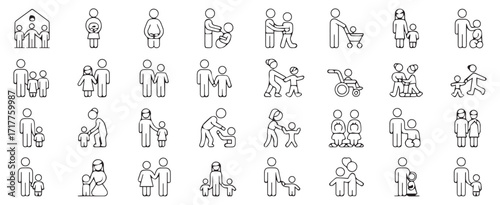 Family and parenting line icon set. Including couples, single parents, children, elderly, baby, newborn, teenager and more others.Editable stroke.