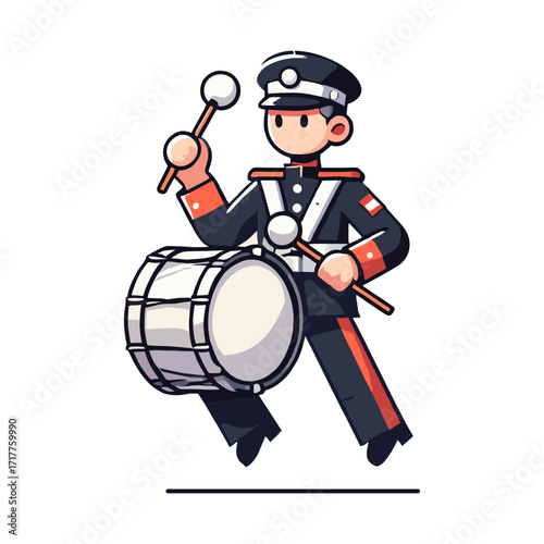 Illustration of a marching band drummer playing the bass drum on a white background