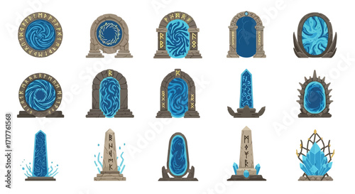 Collection of mystical fantasy portals and gateways with glowing energy.