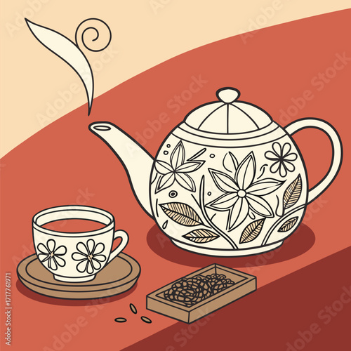 Steeped in Traditional Discover the art of tea cup with a tea pot. Adobe Illustrator Artwork
