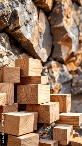 Stacked wooden blocks against a stone wall (1)