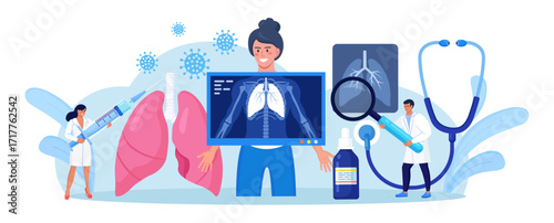Fluorography and x ray scanning of patient. Doctor doing chest x-ray screening. Radiologist doing lungs checkup procedure, analysing fluoroscopy images, roentgen photography, chest radiography