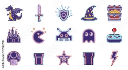 Collection of retro video game icons featuring fantasy and arcade elements.