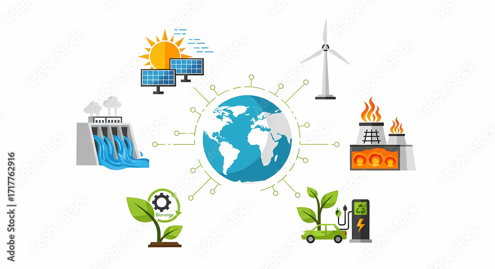 Obraz premium Global Network of Sustainable Energy Solutions and Renewable Power Sources for a Greener Future, Emphasizing Environmental Protection and Clean Technology