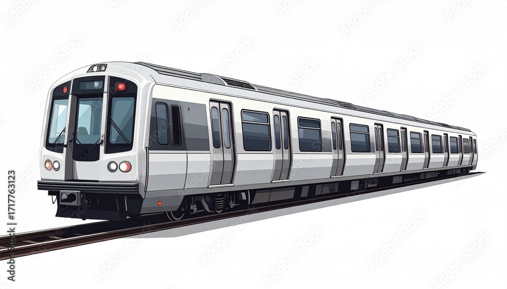 Naklejka premium Sleek silver passenger train gliding along urban tracks, showcasing modern transportation design with large windows and aerodynamic front.