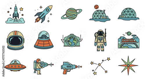 Collection of Space Exploration Icons and Elements for Design.