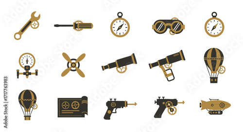 Collection of Steampunk Style Mechanical Elements and Icons.