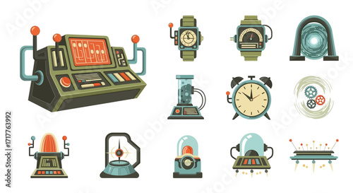 Collection of steampunk devices and gadgets in various shapes and sizes.