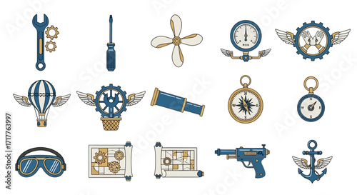 Collection of Steampunk Mechanical Elements and Icons.