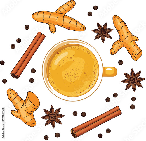 Vector Flat Lay of Turmeric Latte with Spices