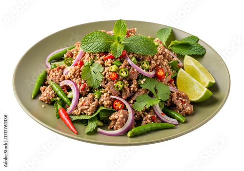 Close-up of a vibrant Thai beef salad, garnished with fresh herbs, lime slices, and colorful vegetables, presented on a light olive-green plate against a dark background.