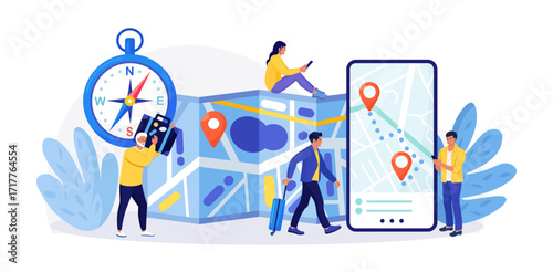 Smartphone with Navigator App Showing Route, Geolocation, Point Location on Map. GPS Navigation. People Planning Tour, Searching Route, Choosing Travel Destination. Compass, Electronic Map with Geotag