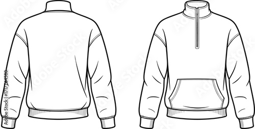 Blank quarter zip sweatshirt front and back view, pullover sweater template, fashion design mockup, casual sportswear apparel, unisex clothing illustration