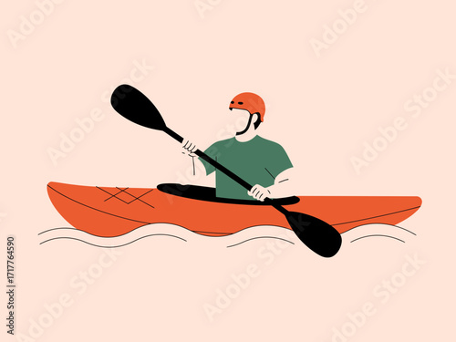 Energetic kayaker paddles through calm water, embracing outdoor adventure and water sports.