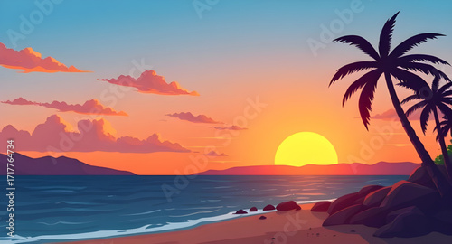 tropical paradise sunset scene, palm trees coastal view, warm exotic ocean dusk, glowing tropical skies, evening reflection beach, holiday travel sunset landscape, luxury resort sunset, breezy island 