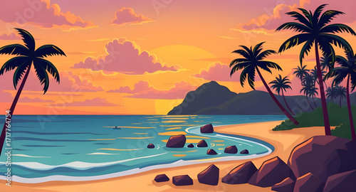 sunset beach with palm trees, tropical dusk horizon, coastal orange sky, island sunset palm silhouettes, romantic beach sunset view, calm ocean edge, holiday travel sunset scene, warm glowing sky, sum