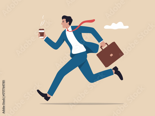 Dynamic businessman rushing to important meeting with briefcase and coffee