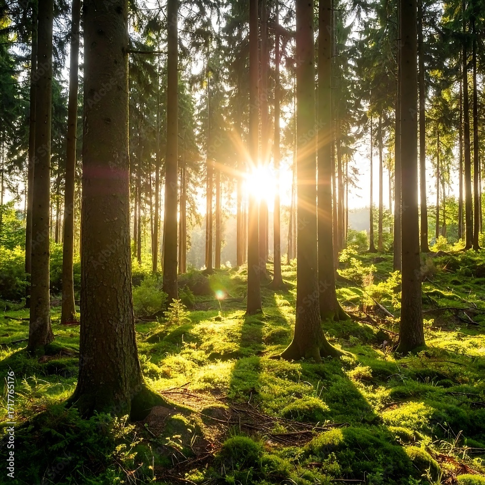 Obraz premium Sunlight streams through a dense forest (5)