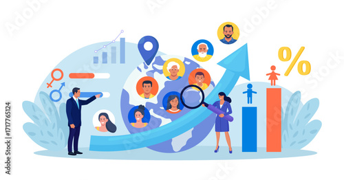 Overpopulation, human crowd density growth on earth. Demographic statistics data for population. Demography and migration. People movement. Social analysis with demographics, culture, ethnicity data