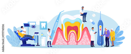 Periodontal disease. Doctor dentist checking tooth, examines patient with periodontitis. Dentistry and healthy teeth. Hygiene oral care. Stomatology. Medical dental checkup. Inflammatory gum disease