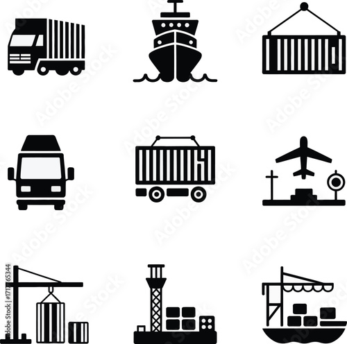 Minimalist Shipping Icons Set Cargo, Trucks, Planes & Ports for Logistics and Distribution